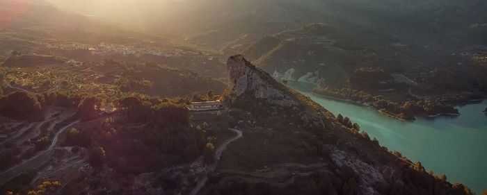 High angle view of sea and mountain