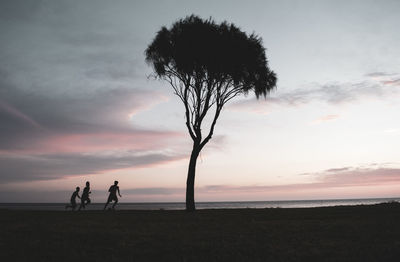 Silhouette people standing by tree against sky during sunset