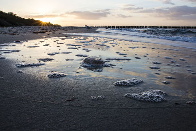 Scenic view of beach against sky during sunset