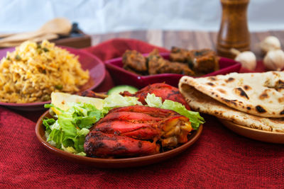 Close-up of food served on table