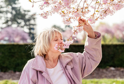 Portrait of senior woman smelling pink blooming sakura flower. pensioner enjoys cherry blossom aroma