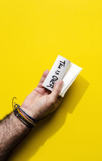 Close-up of hand holding text against yellow wall