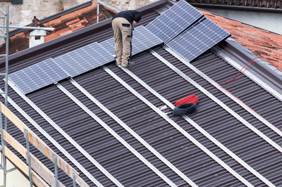 High angle view of fire escape on roof of building