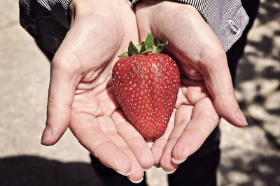 Midsection of man holding strawberry