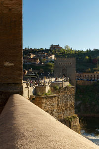 High angle view of city against clear sky