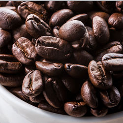 Close-up of roasted coffee beans in bowl