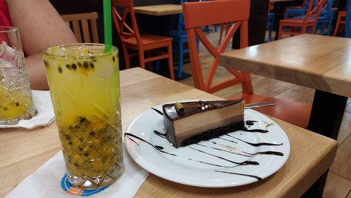 Close-up of cake served on table