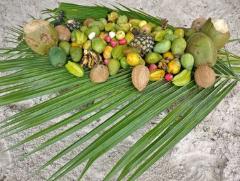 High angle view of fruits and leaves