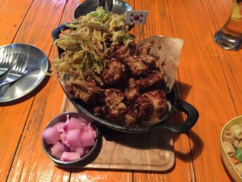 High angle view of food in plate on table