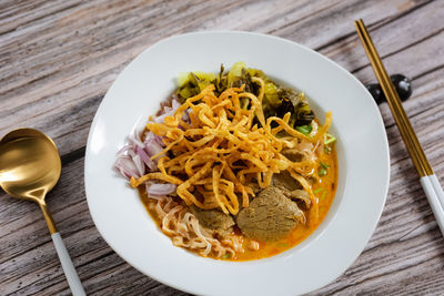 High angle view of noodles in bowl on table