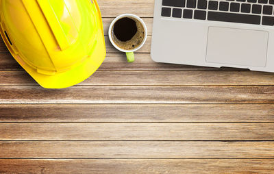 High angle view of coffee cup on table