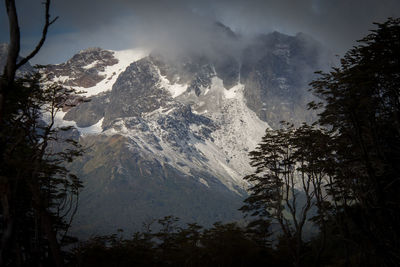 Scenic view of snow covered mountains against sky