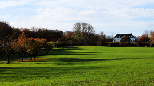 View of grassy field against cloudy sky