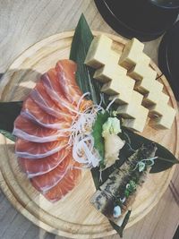 High angle view of sushi in plate on table