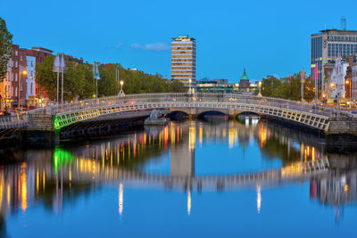 The river liffey and the famous ha'penny bridge in dublin, ireland, at twilight