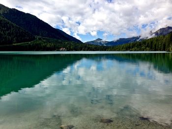 Scenic view of calm lake against cloudy sky