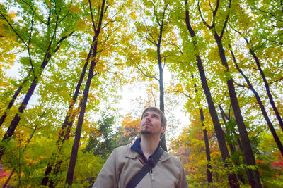 Low angle view of mid adult man in forest