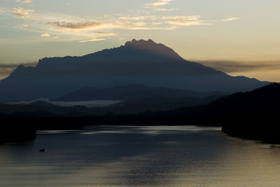 Scenic view of lake by silhouette mountains against sky during sunset