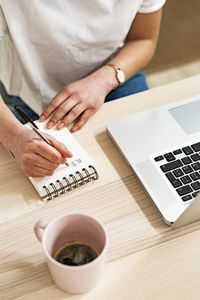 High angle view of coffee cup on table