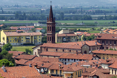 High angle view of buildings in town