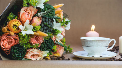 Close-up of roses on table