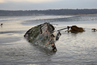 Fishing boat in sea against sky