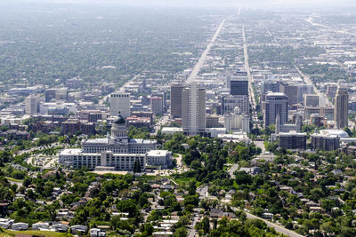 High angle view of buildings in city