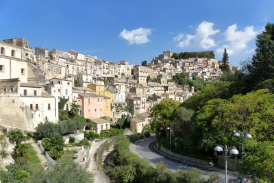 High angle view of buildings against sky