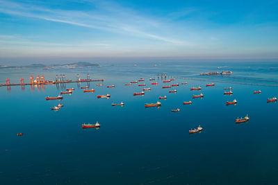 High angle view of boats in sea