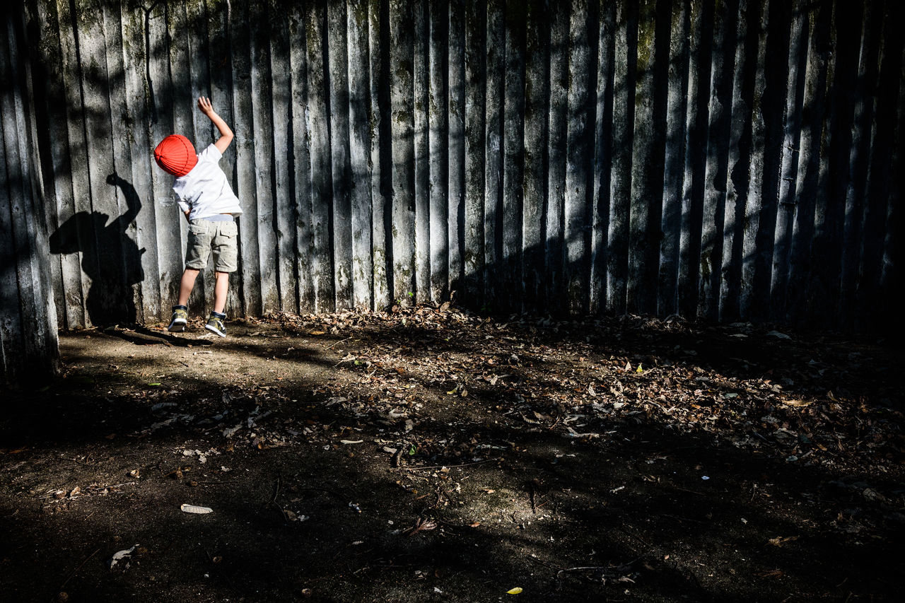 standing, full length, one person, forest, land, tree, woodland, nature, men, adult, rear view, plant, clothing, playing, ball, holding, dirt, night, hat, dark, human arm, arms raised