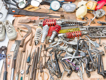 High angle view of work tools on table