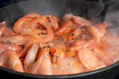 High angle view of meat in cooking pan