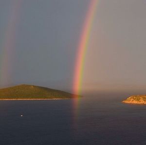 Scenic view of rainbow over sea against sky