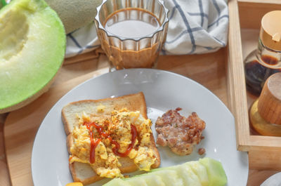 High angle view of breakfast served on table