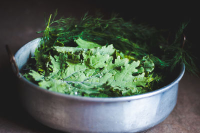 Close up of fresh picked kale in a vintage metal bowl 