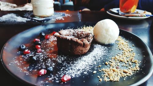 Close-up of cake in plate on table