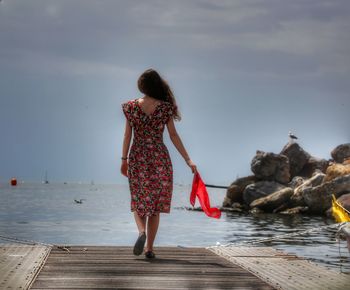 Rear view of woman standing on pier at beach against sky