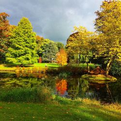 Scenic view of lake by trees against sky