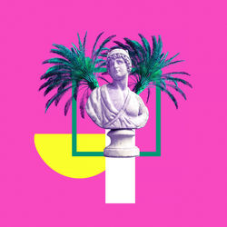 Digital composite image of statue against pink background