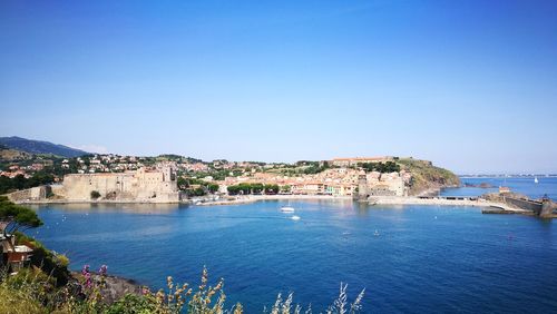 High angle view of sea against clear blue sky