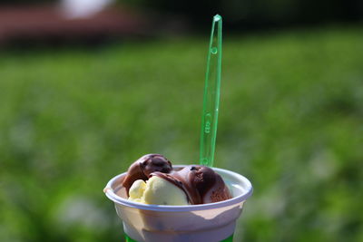 Close-up of ice cream in glass in disposable container