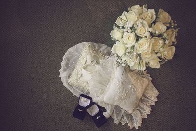 High angle view of rose bouquet on table