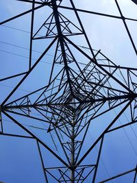 Low angle view of electricity pylon against clear blue sky