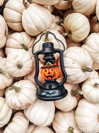 High angle view of pumpkins in container