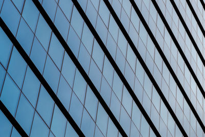 Low angle view of glass building against clear sky