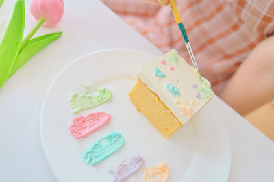 High angle view of cake served on table