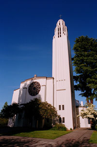 Low angle view of building against clear blue sky