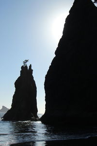 Silhouette rock formation in sea against clear sky