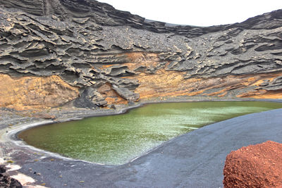 Scenic view of lake by rock formation