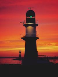 Lighthouse against sea during sunset